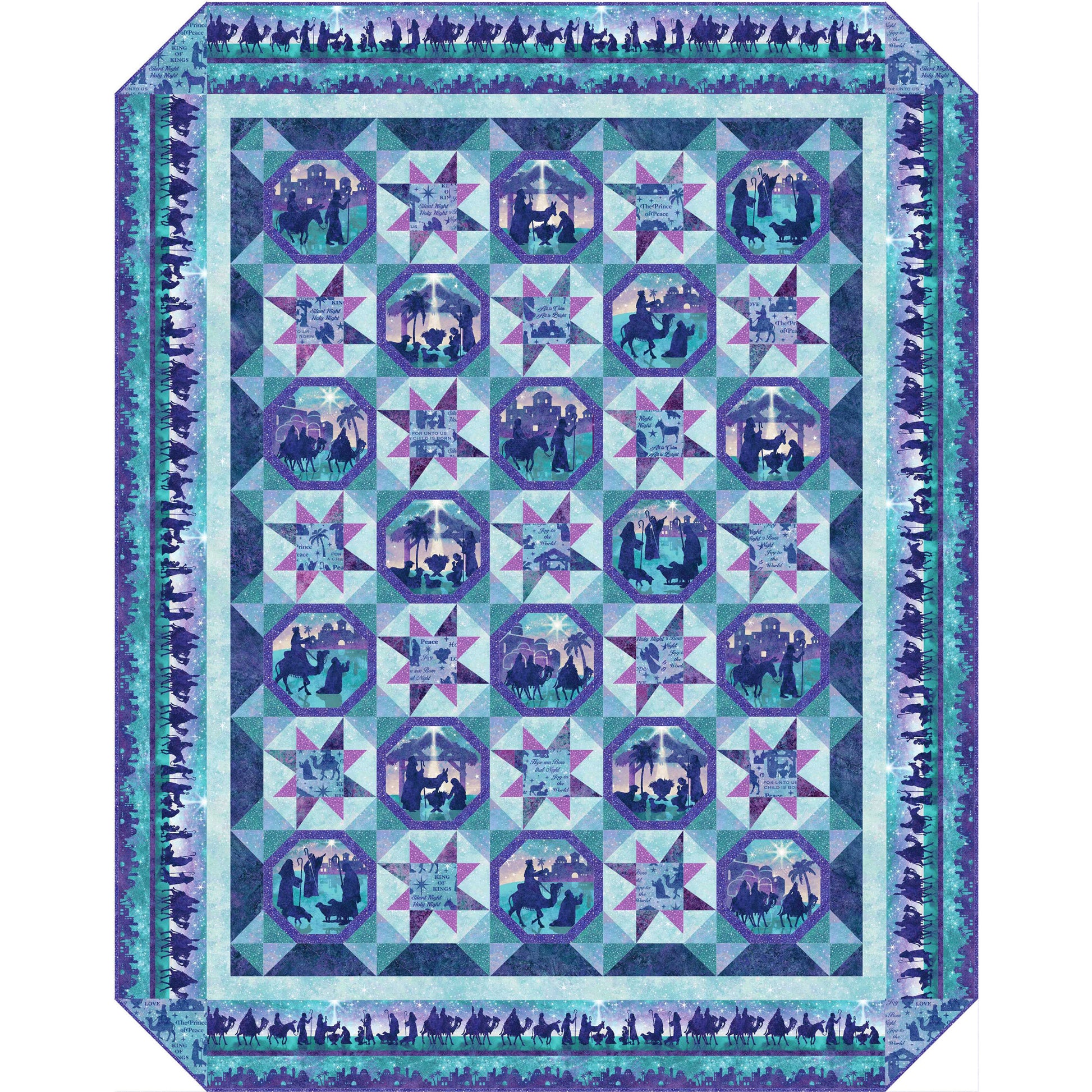 Pretty, festive quilt in blues with purple accent fabric features snowball blocks and stars with nativity scene fabric.