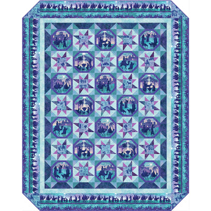 Pretty, festive quilt in blues with purple accent fabric features snowball blocks and stars with nativity scene fabric.