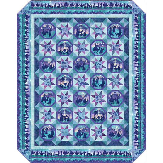 Pretty, festive quilt in blues with purple accent fabric features snowball blocks and stars with nativity scene fabric.