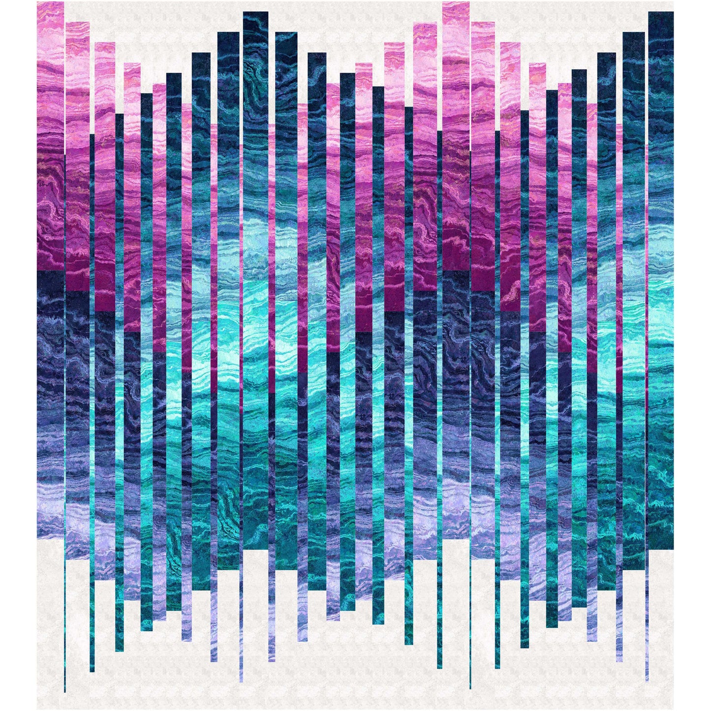 A vibrant quilt featuring a striking pattern of purple and blue stripes in variegated shades.