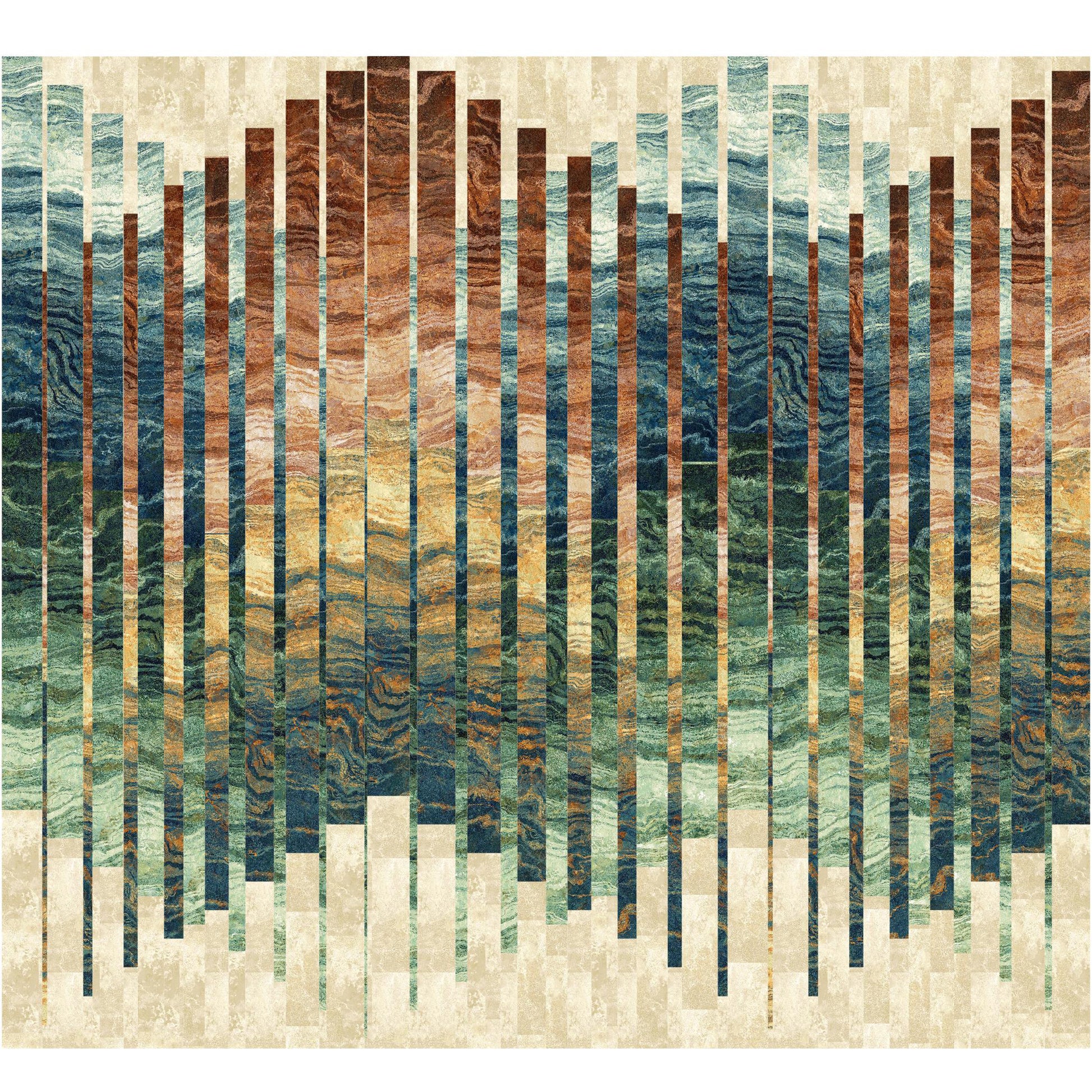 A vibrant quilt featuring a striking pattern of brown, blue and green stripes in variegated shades.