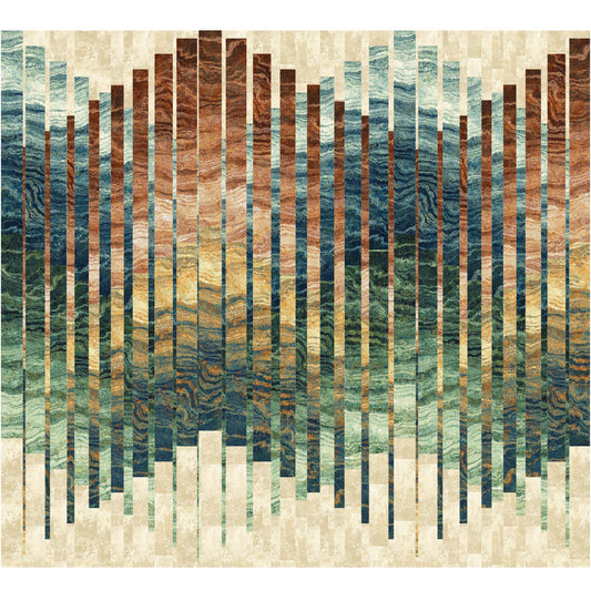 A vibrant quilt featuring a striking pattern of brown, blue and green stripes in variegated shades.