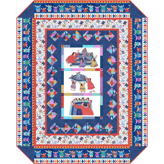 Colorful and fun quilt features panel with three images of mothers and daughter in the middle. Quilt is bordered with colorful diamonds, then fun in between fabric and finished off with row of mothers and daughters and colorful flying geese block border.