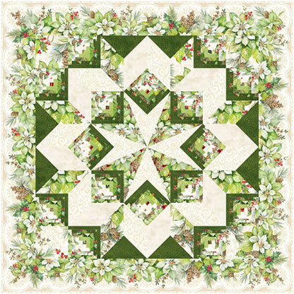 A beautiful quilted star design adorned with green leaves and berries fabric in greens and cream.