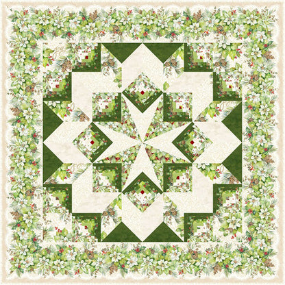 A beautiful quilted star design adorned with green leaves and berries fabric in greens and cream.