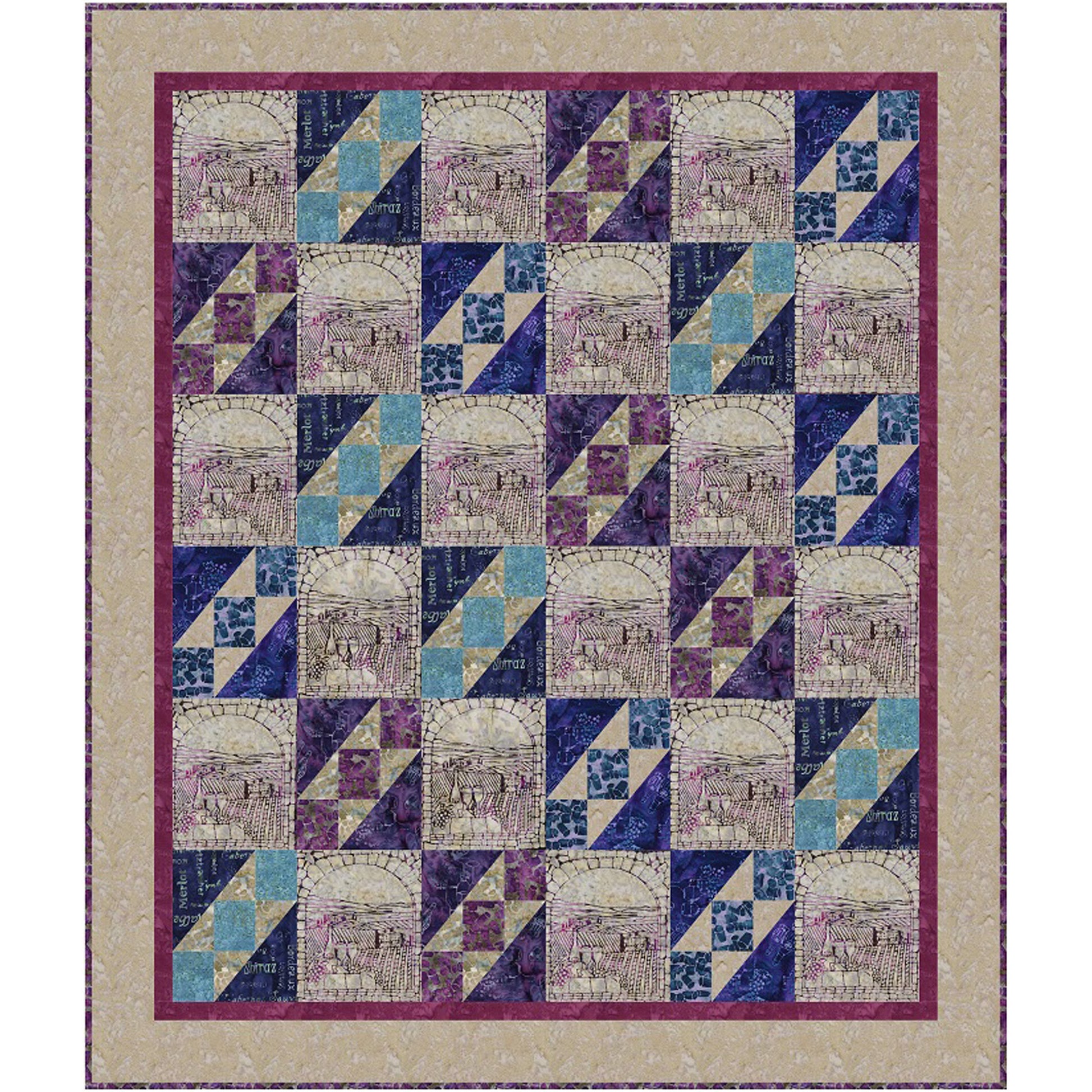 Quilt with geometric pattern featuring blue, purple, and beige colors on a beige background