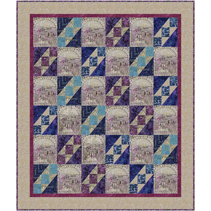 Quilt with geometric pattern featuring blue, purple, and beige colors on a beige background