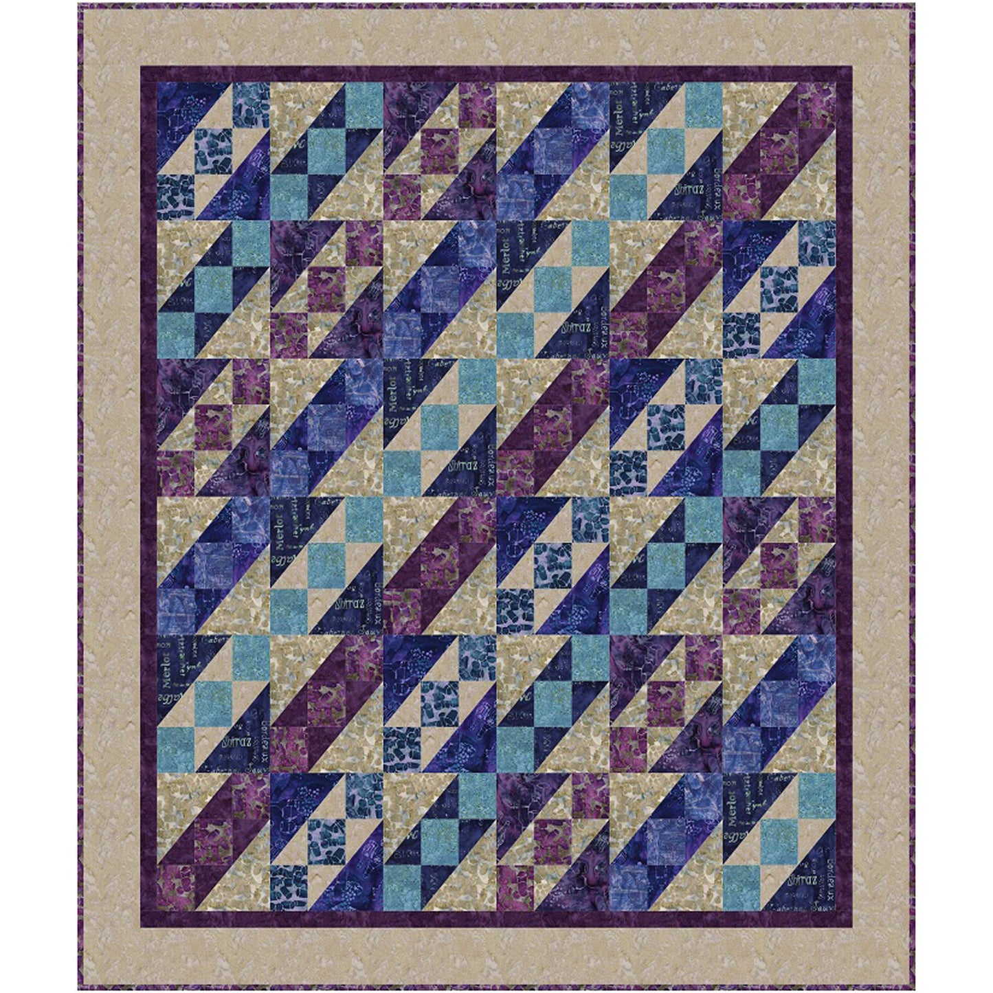 Quilt with geometric pattern featuring purple and blue squares on a beige background