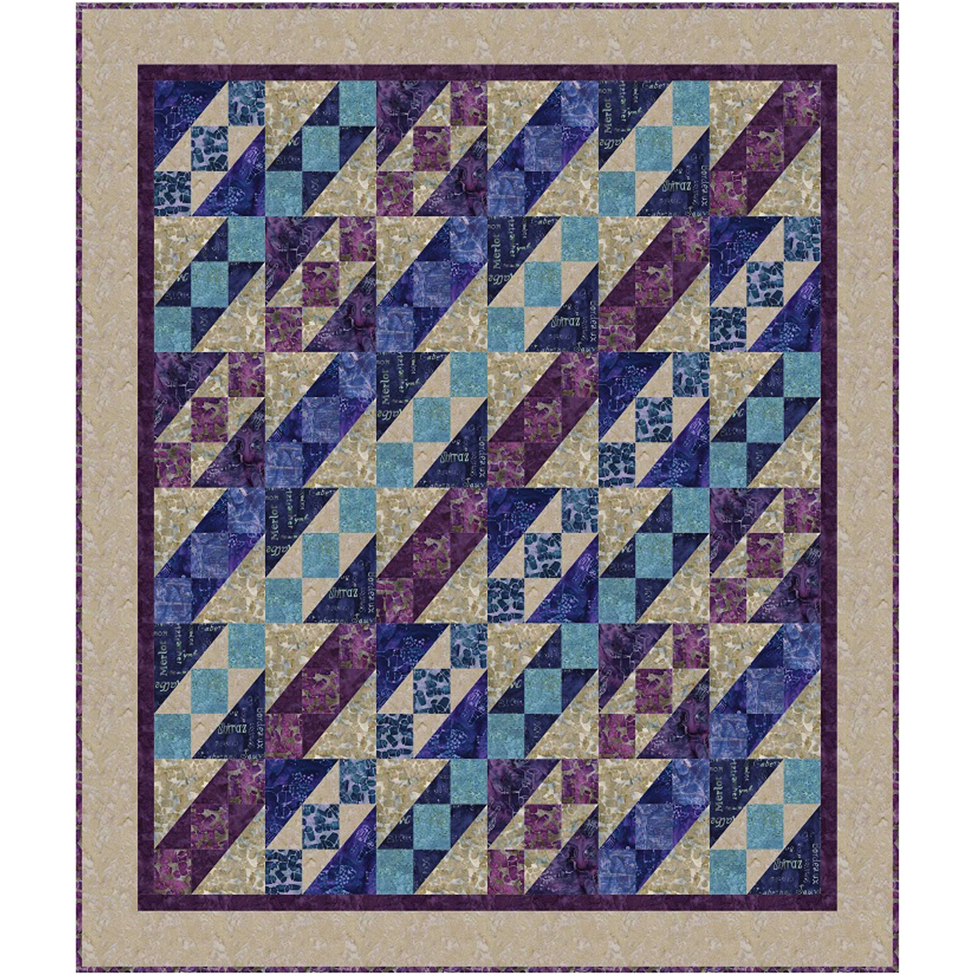 Quilt with geometric pattern featuring purple and blue squares on a beige background