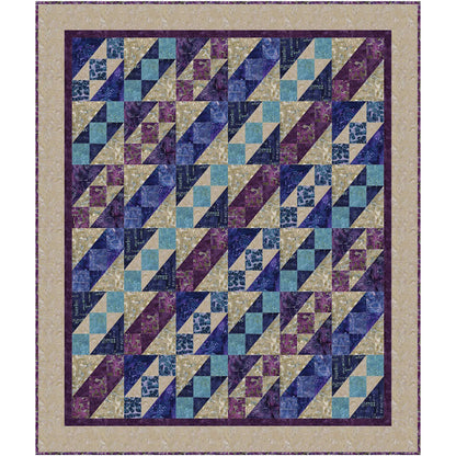 Quilt with geometric pattern featuring purple and blue squares on a beige background
