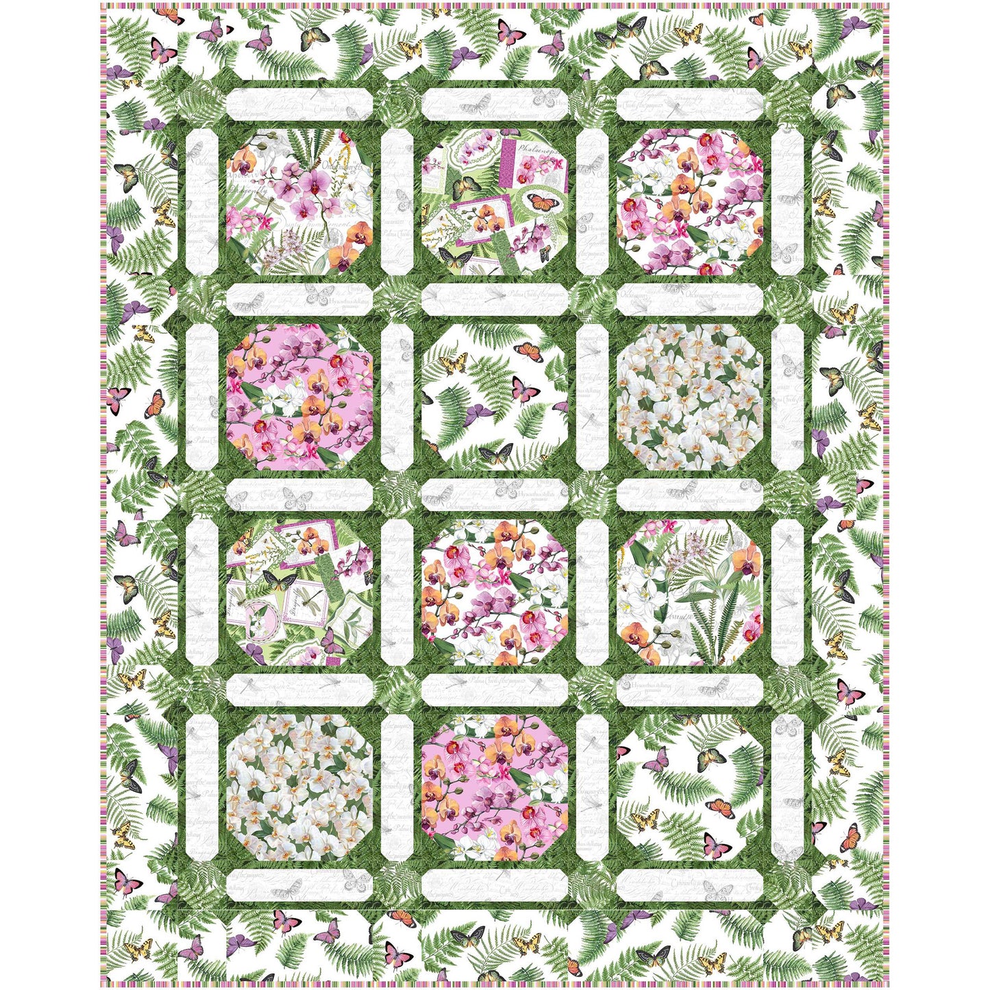 Garden Trellis quilt is a pretty quick with snowball blocks of flowers and butterflies.