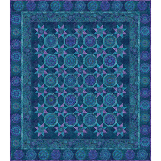 Blue and purple circular quilt has medallions and Ohio stars in the middle. 