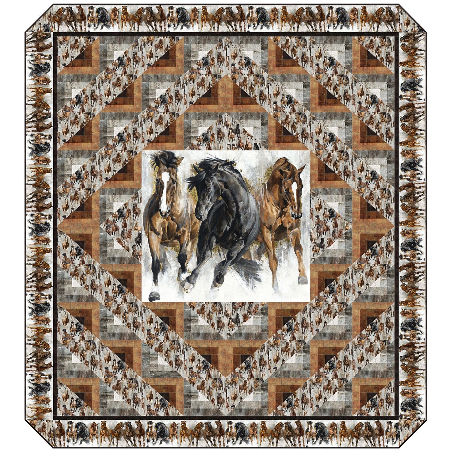 Quilt with a geometric pattern and images of horses in the center