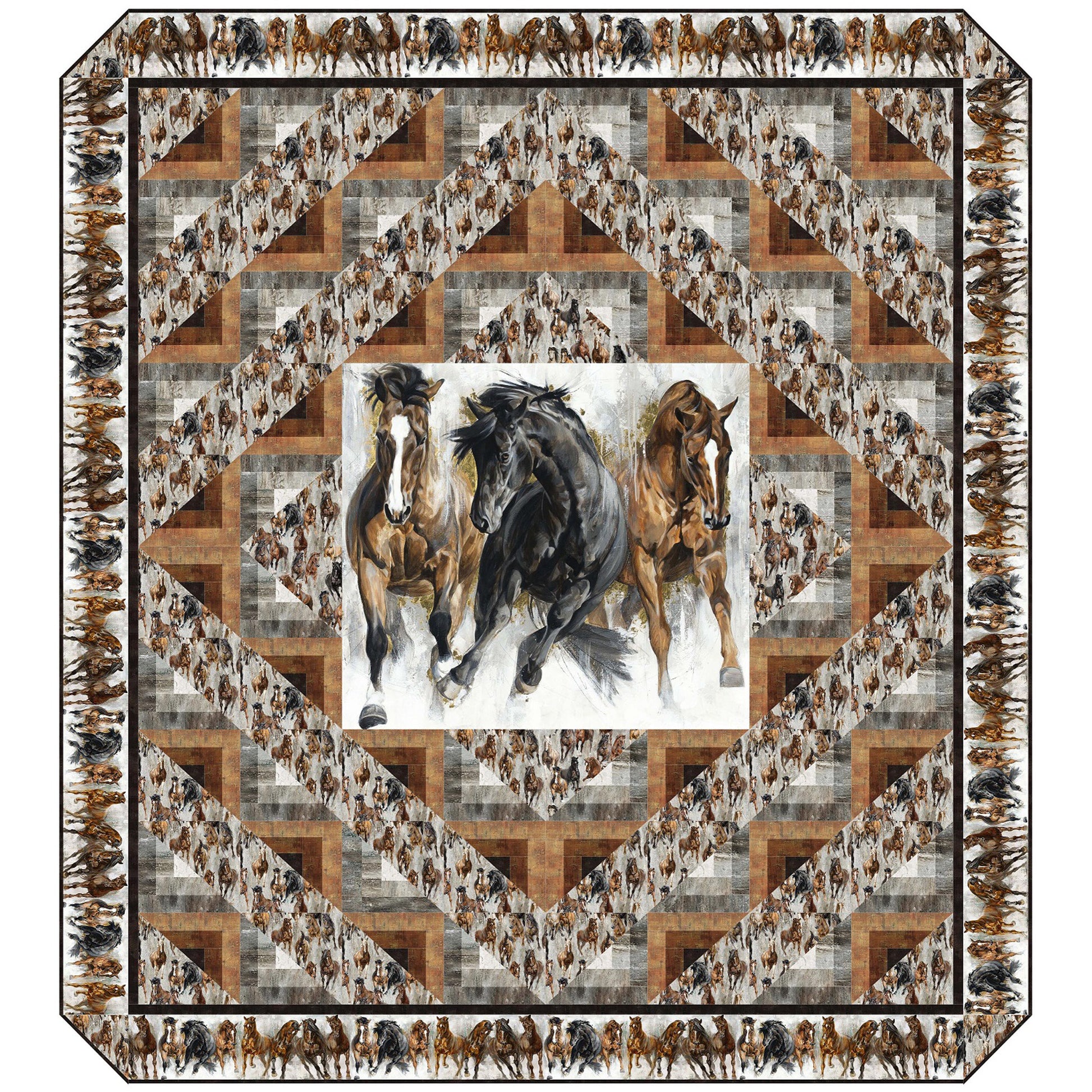Quilt with a geometric pattern and images of horses in the center