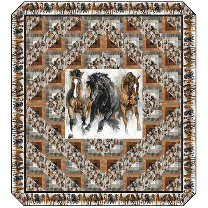 Quilt with a geometric pattern and images of horses in the center
