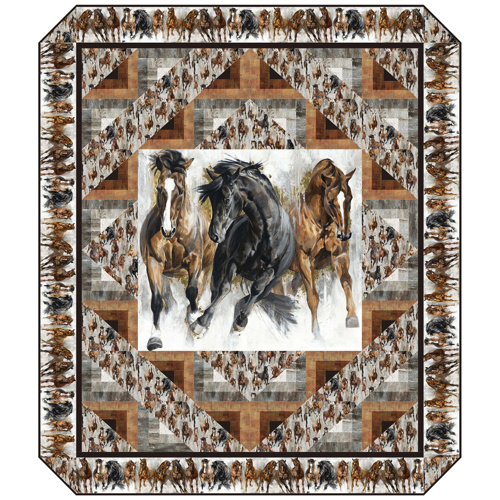 Quilt with horse designs in a geometric pattern