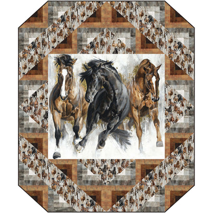 Quilt with running horses design in the center, surrounded by horse-themed patterns.