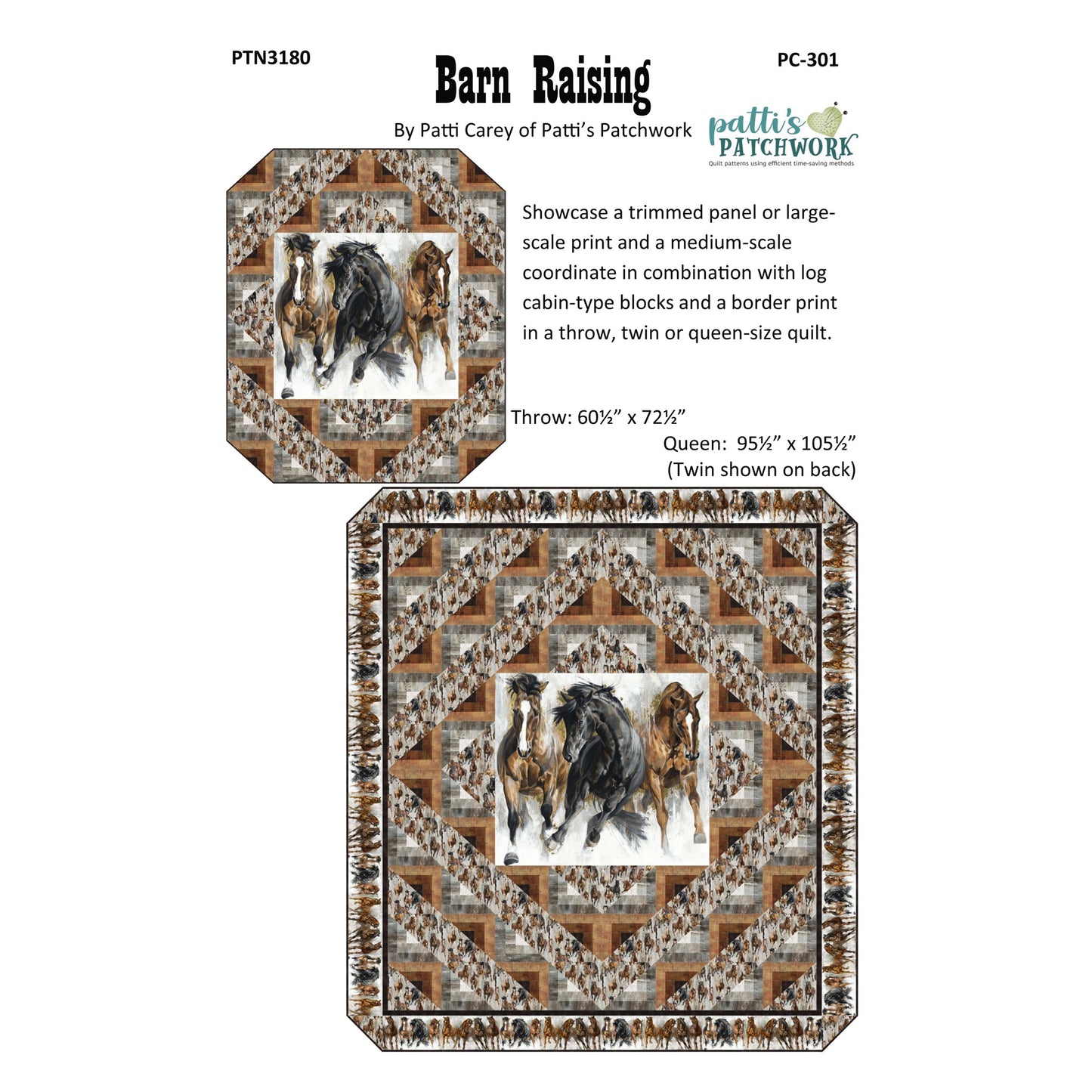 Quilt pattern packaging for 'Barn Raising' by Patti Carey of Patti's Patchwork, featuring horses on a white background.