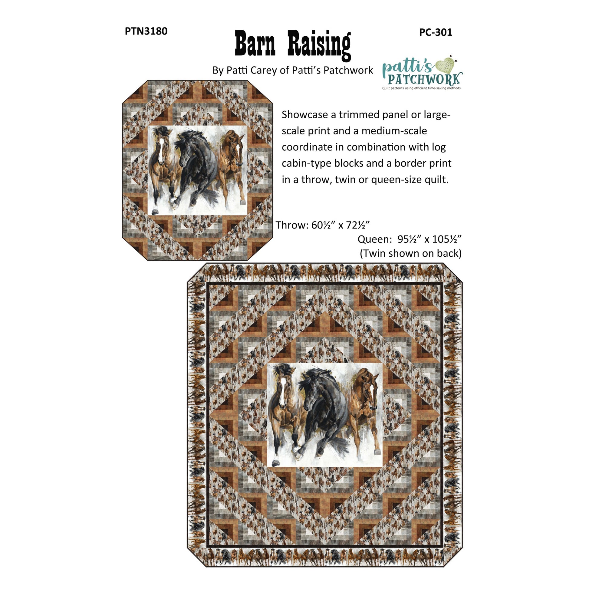 Quilt pattern packaging for 'Barn Raising' by Patti Carey of Patti's Patchwork, featuring horses on a white background.