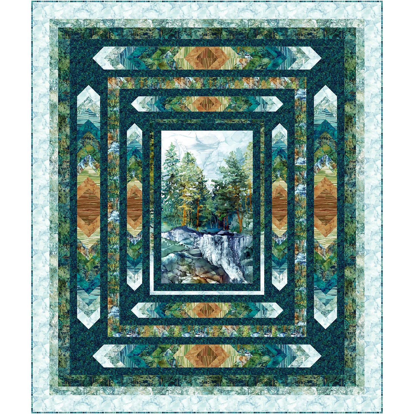 Quilt with a nature scene featuring trees and waterfalls, framed by geometric patterns.