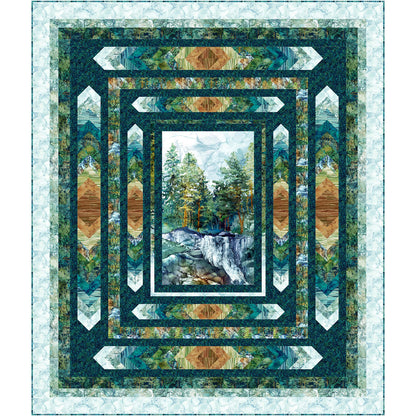 Quilt with a nature scene featuring trees and waterfalls, framed by geometric patterns.