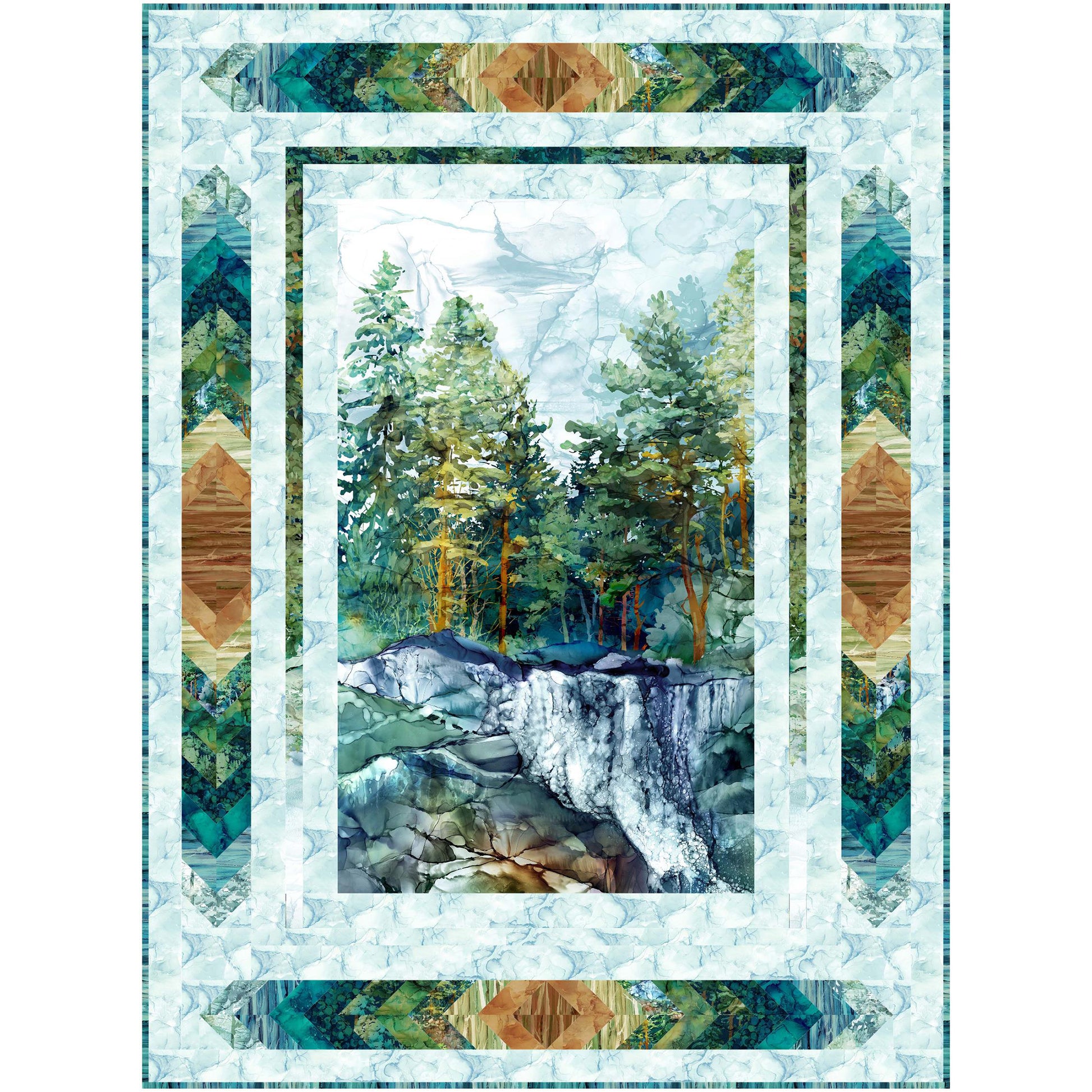Nature-themed quilt with trees and a waterfall design on a white background