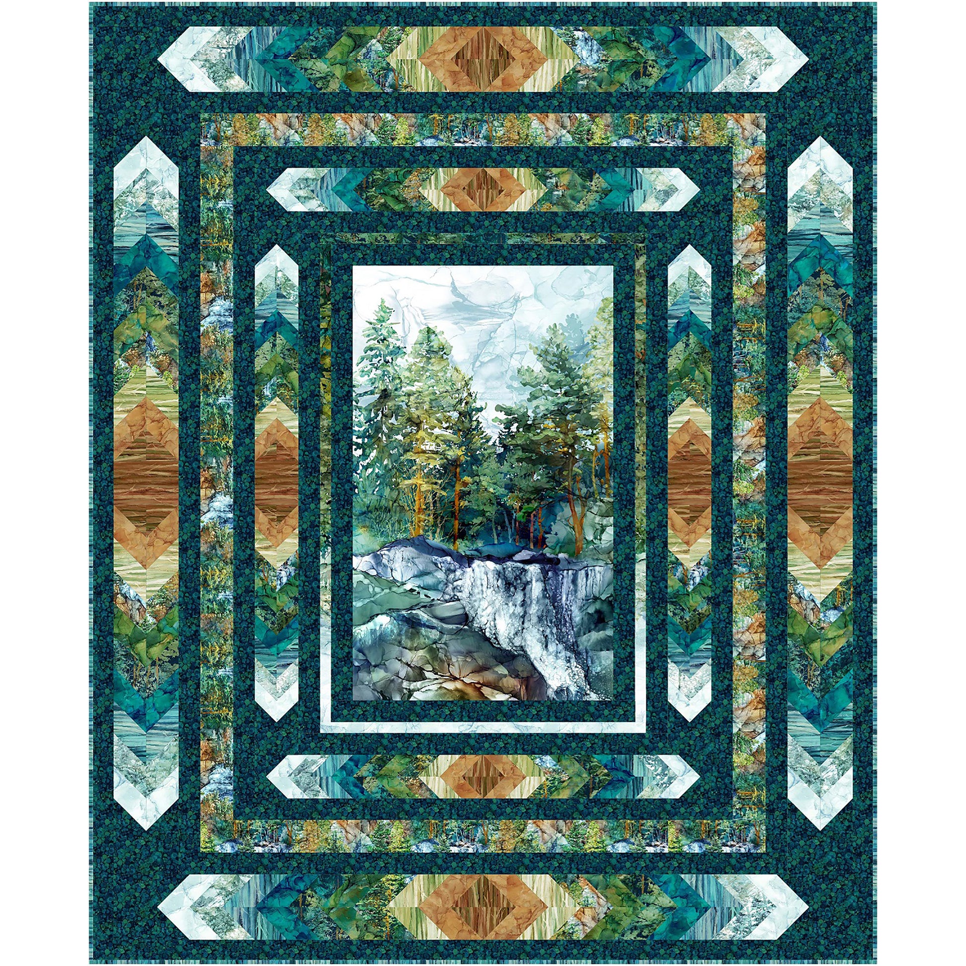 Quilt with nature-themed design featuring trees and a waterfall.