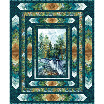 Quilt with nature-themed design featuring trees and a waterfall.