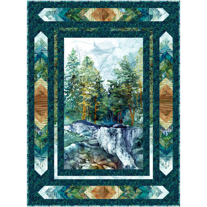 Quilt with nature-themed design featuring trees and waterfalls.