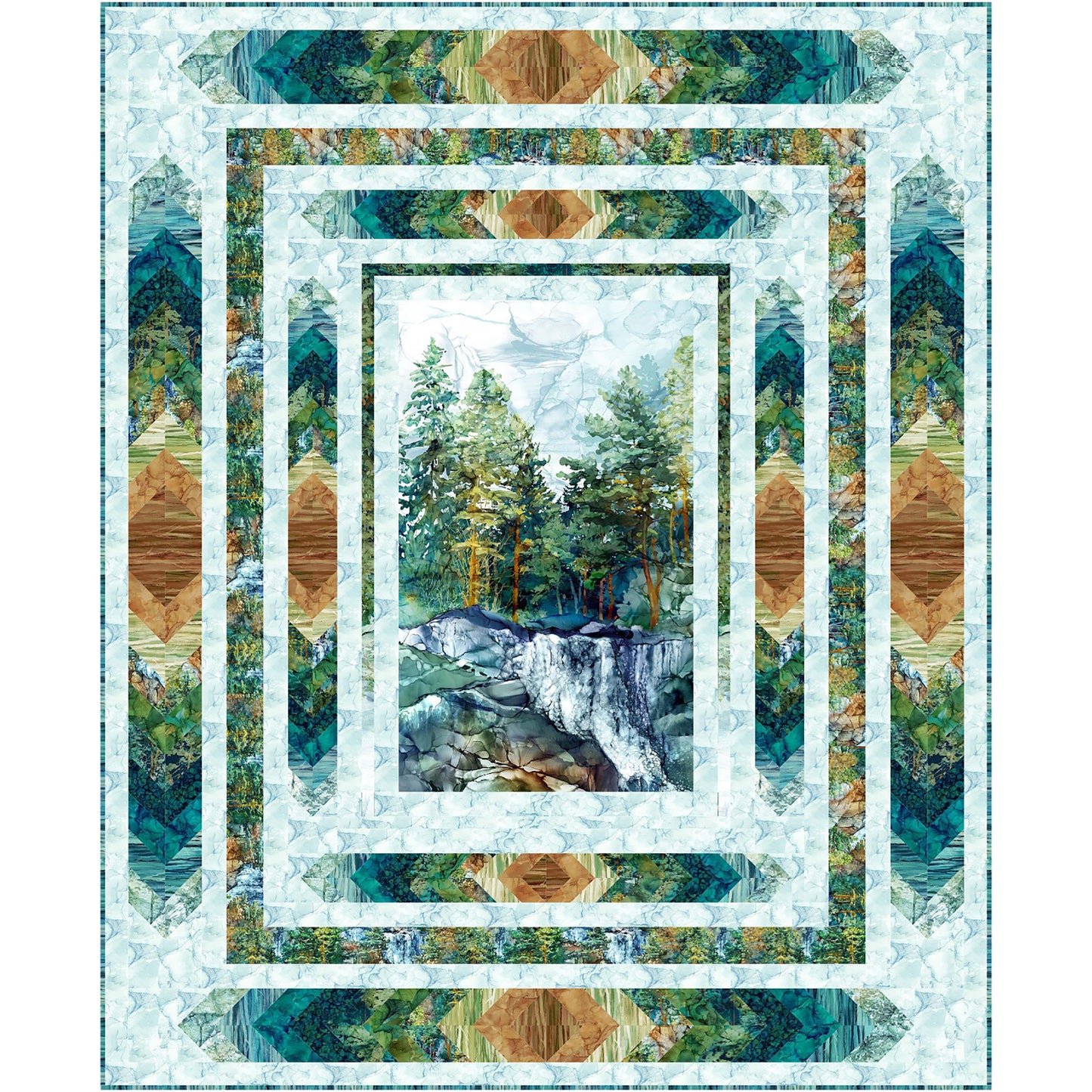 Quilt with nature-themed design featuring trees and a waterfall.
