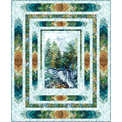 Quilt with nature-themed design featuring trees and a waterfall.