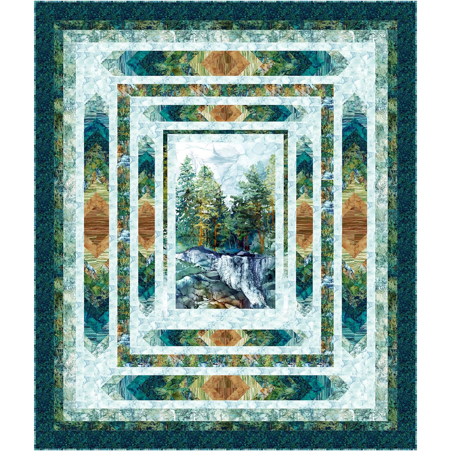 Quilt with nature-themed design featuring trees and a waterfall.