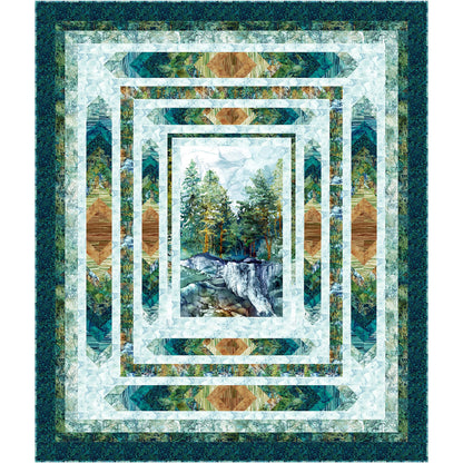 Quilt with nature-themed design featuring trees and a waterfall.
