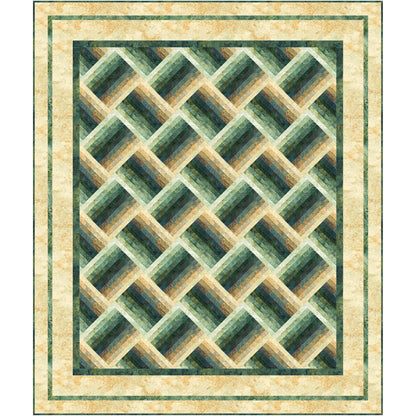 Elegant greens and yellows geometric pattern quilt looks a lot like a basket weave at an angle.