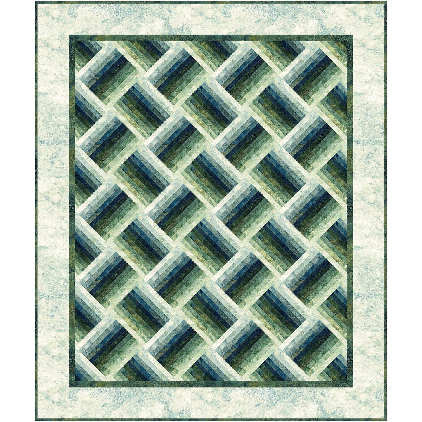 Elegant greens geometric pattern quilt looks a lot like a basket weave at an angle.