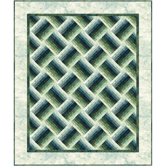 Elegant greens geometric pattern quilt looks a lot like a basket weave at an angle.