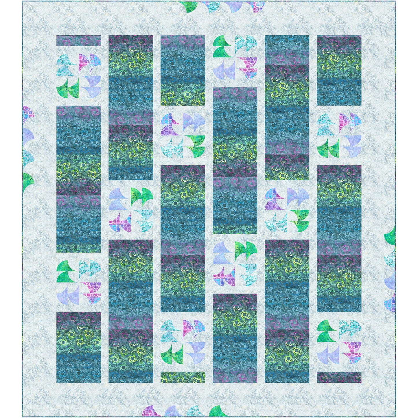 Colorful blue and green rectangles quilt with intermingled swirls of color.