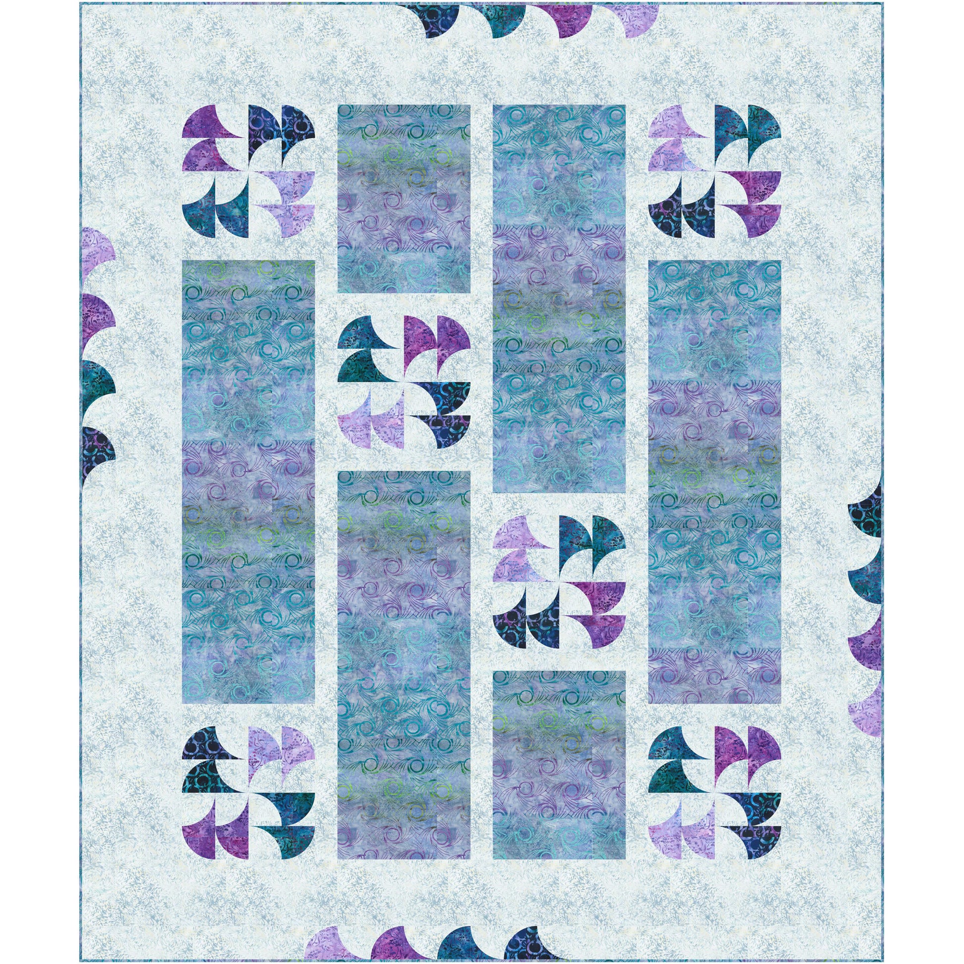 Colorful blue and purple rectangles quilt with intermingled swirls of color.