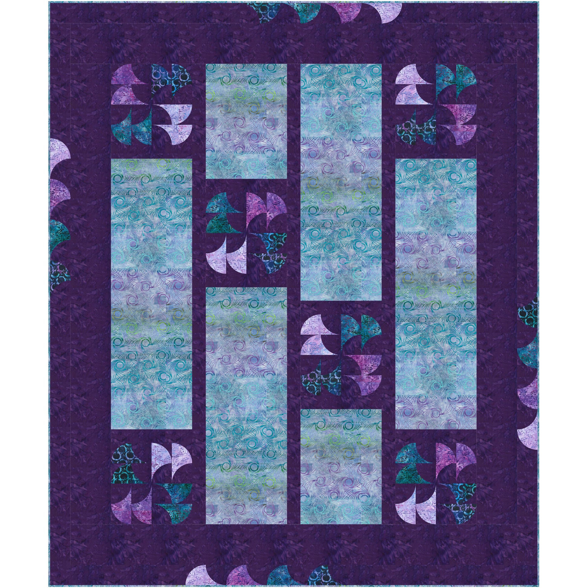 Colorful blue and purple rectangles quilt with intermingled swirls of color with dark purple background color.