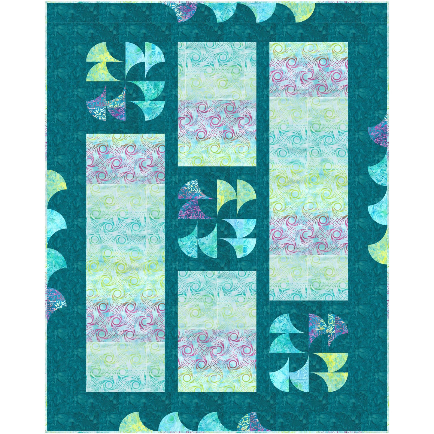 Colorful yellow, green, and purple rectangles quilt with intermingled swirls of color on dark green background.