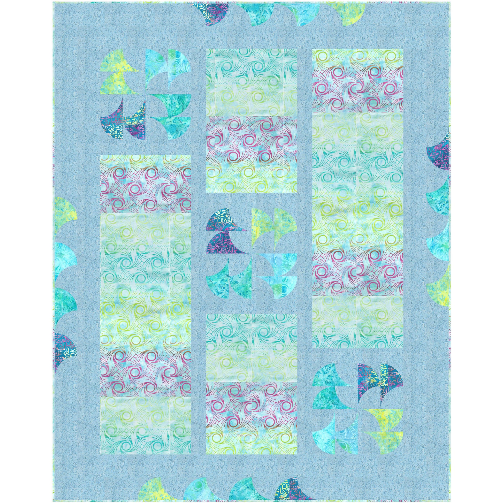 Colorful yellow, green, and purple rectangles quilt with intermingled swirls of color on light blue background.