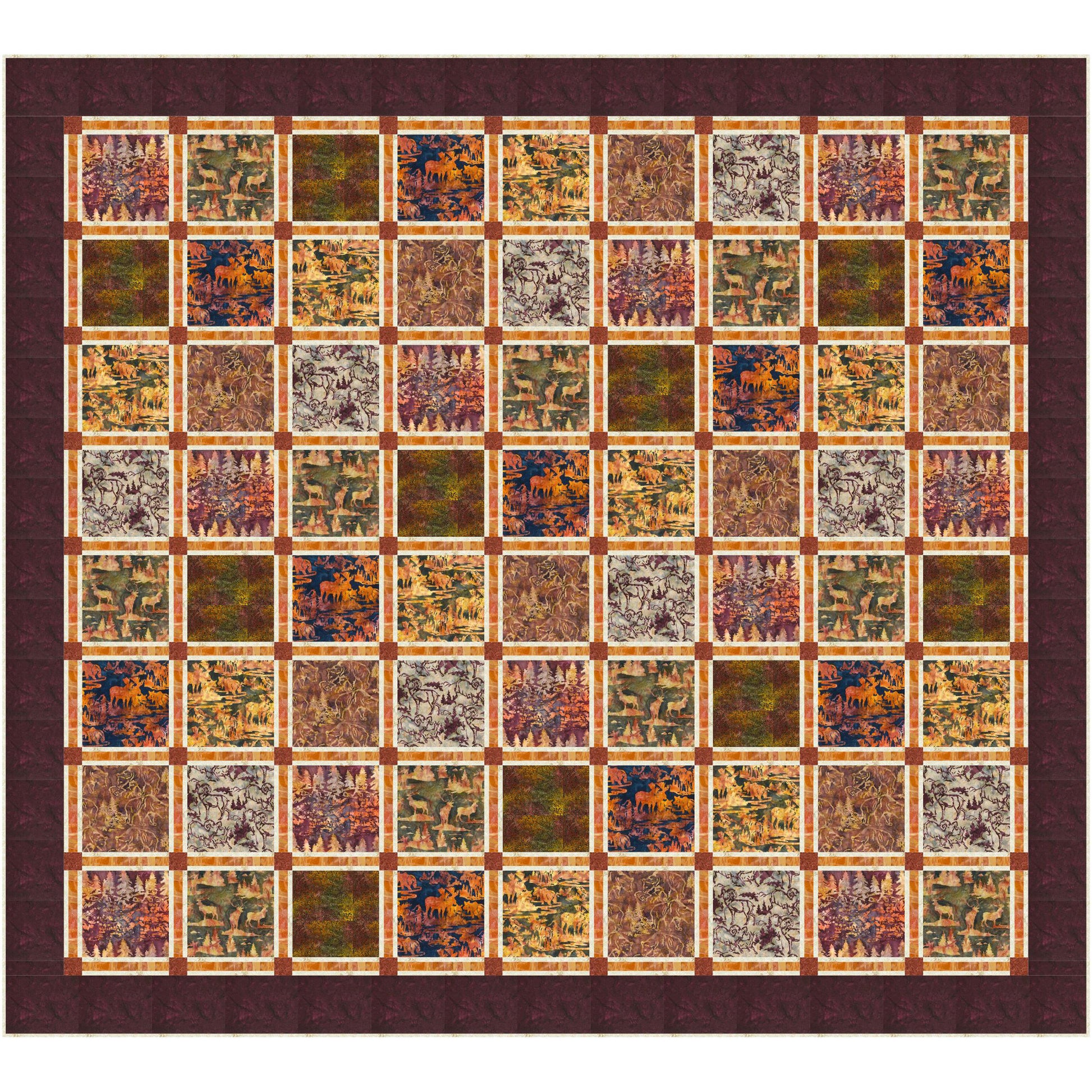 Colorful quilt with square flower and leaf pattern in shades of brown and orange.