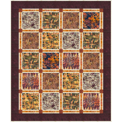 Colorful quilt with square flower and leaf pattern in shades of brown and orange.