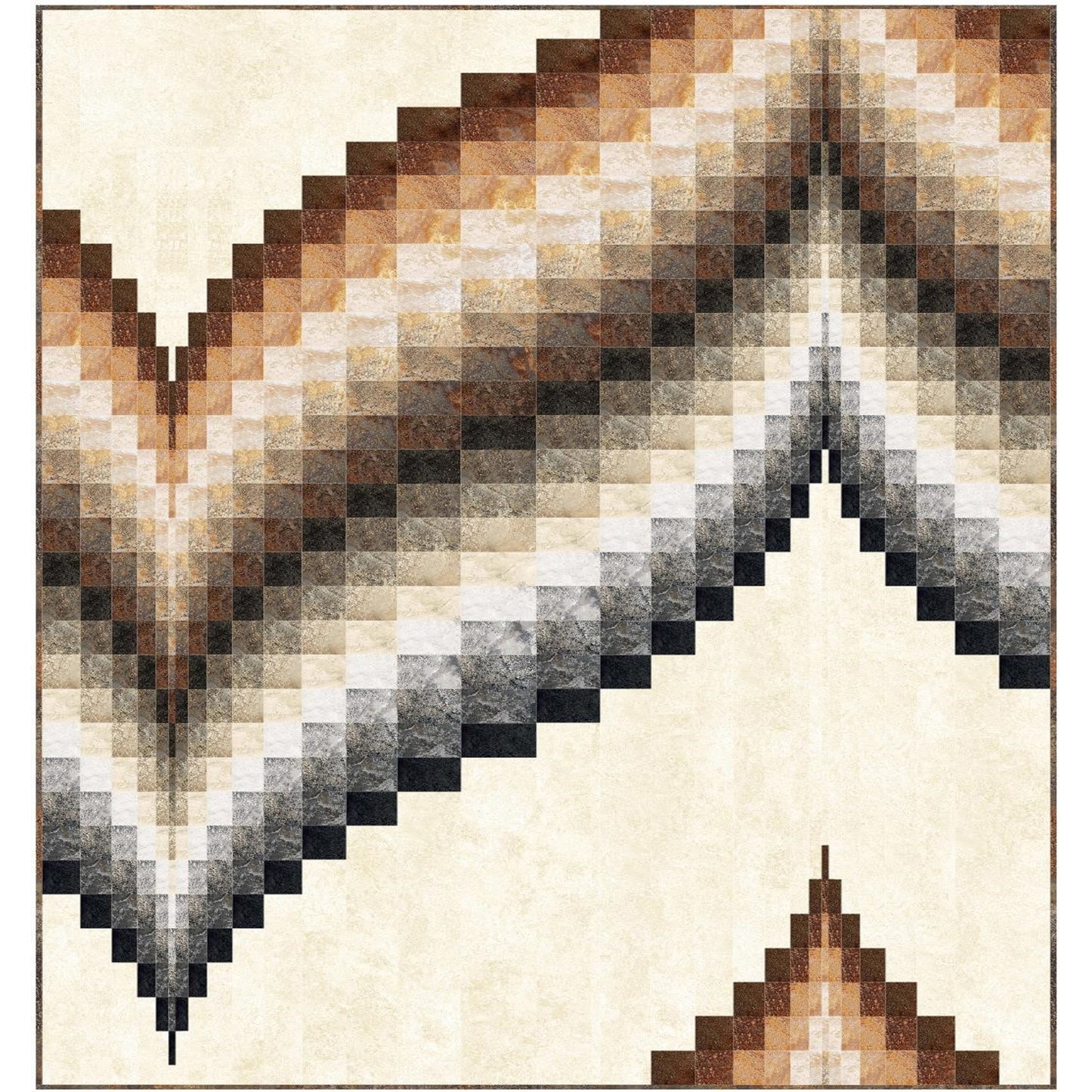 Geometric patterned quilt shape of wave from blocks in shades of brown, cream and black.