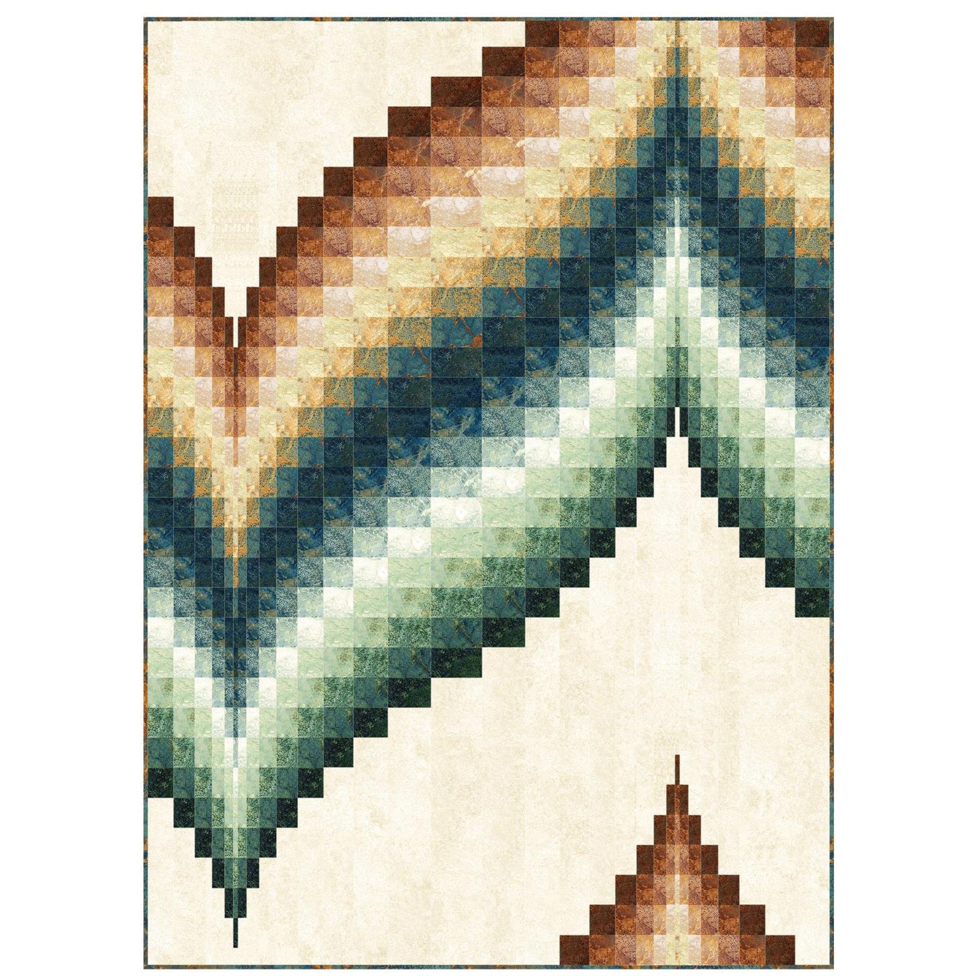 Geometric patterned quilt shape of wave from blocks in shades of brown, cream, yellow  and green.