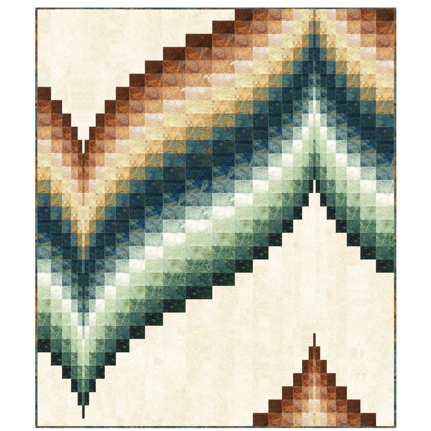 Geometric patterned quilt shape of wave from blocks in shades of brown, cream, yellow and green.