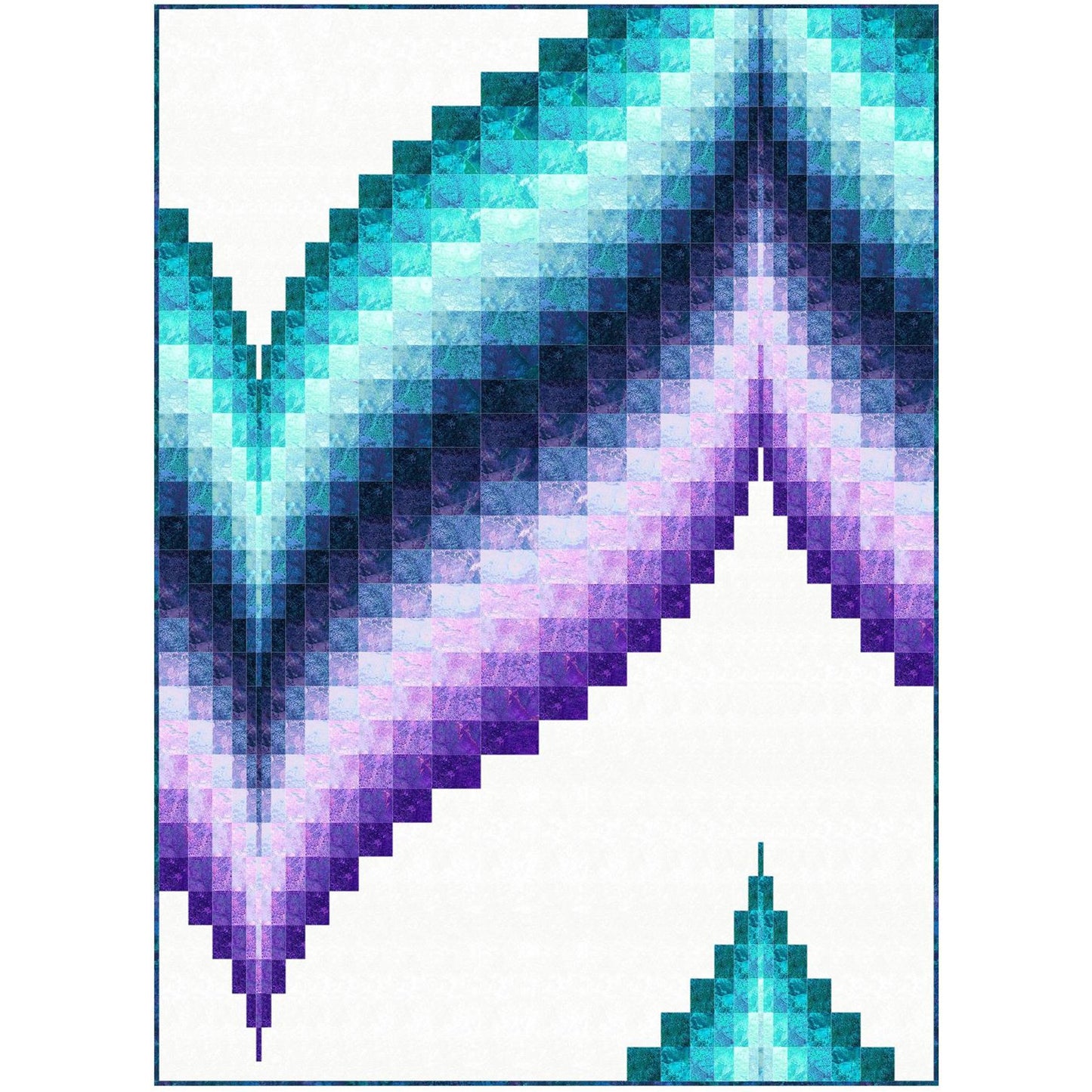 Geometric patterned quilt shape of wave from blocks in shades of bright blue and purple.