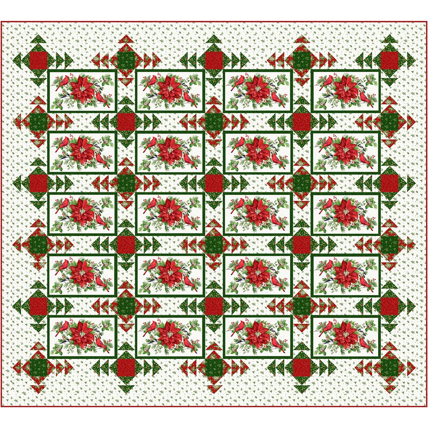 King sized quilt with Christmas colored fabric and poinsettias and fun radiating squares.