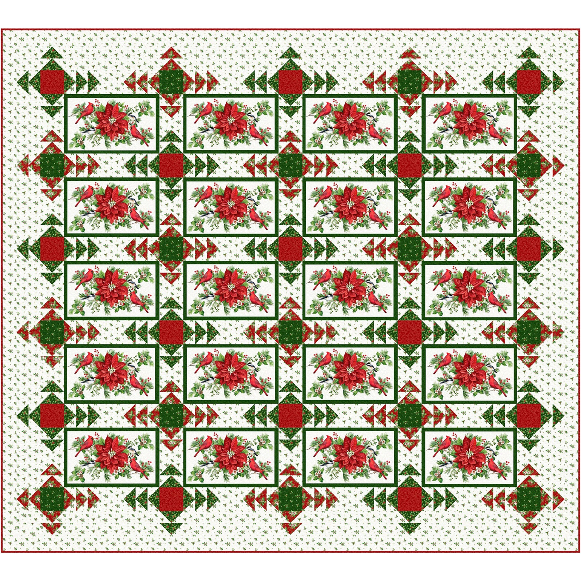 King sized quilt with Christmas colored fabric and poinsettias and fun radiating squares.