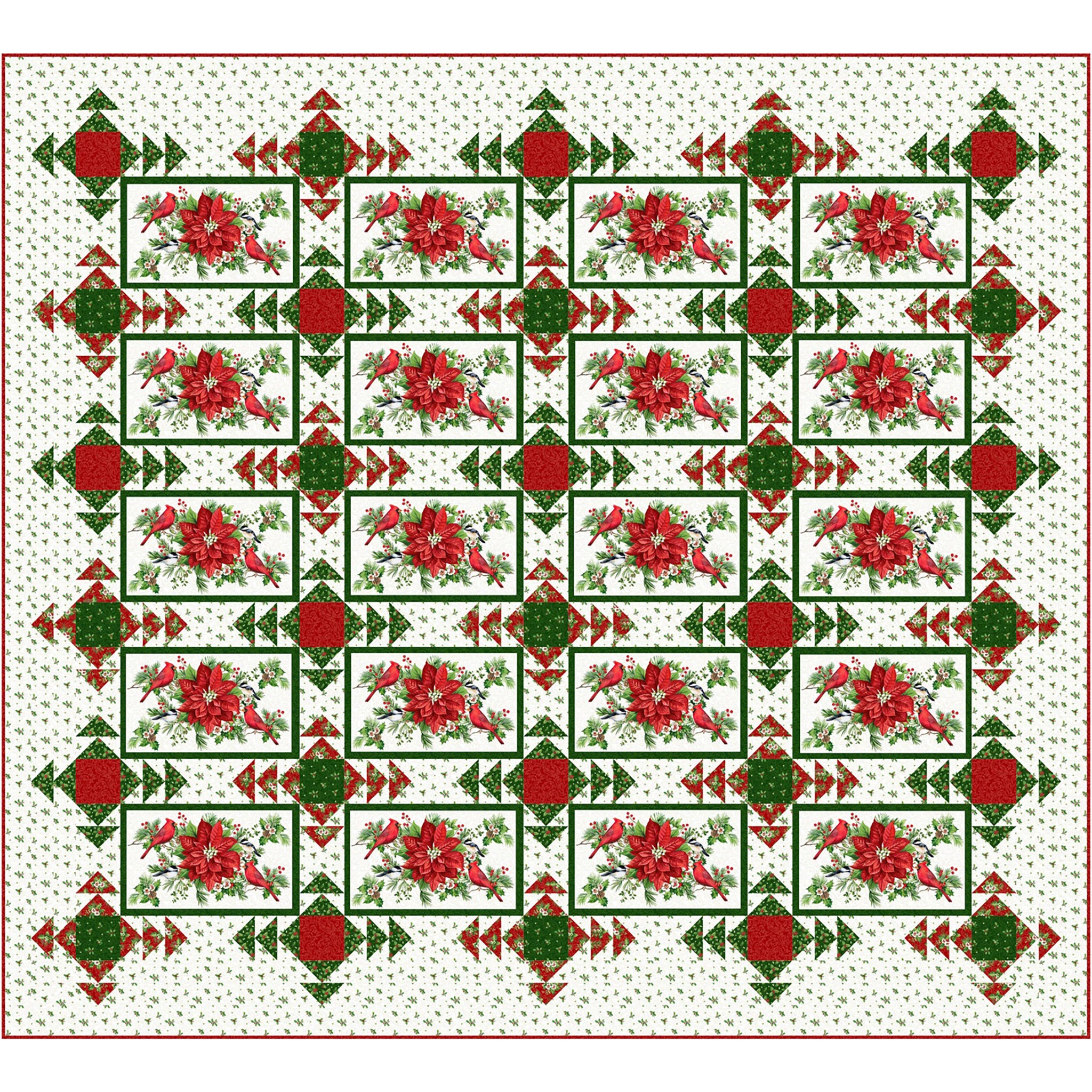 King sized quilt with Christmas colored fabric and poinsettias and fun radiating squares.